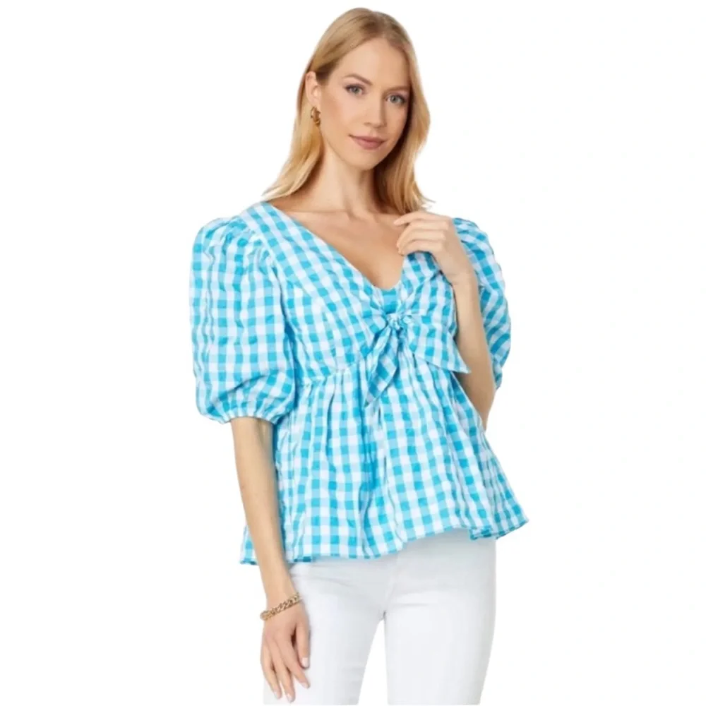 LILLY PULITZER SARAFINA BLUE GINGHAM CHECK BABYDOLL SHORT PUFF SLEEVE SMOCK TOP